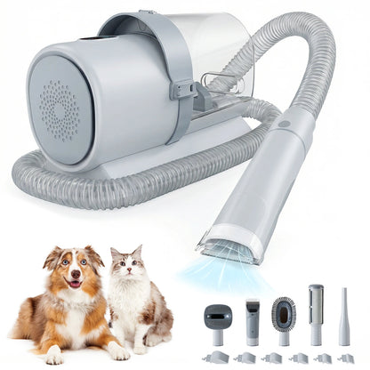 Pet grooming dryer with attachments and two pets on a white background