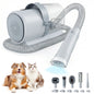Pet grooming dryer with attachments and two pets on a white background