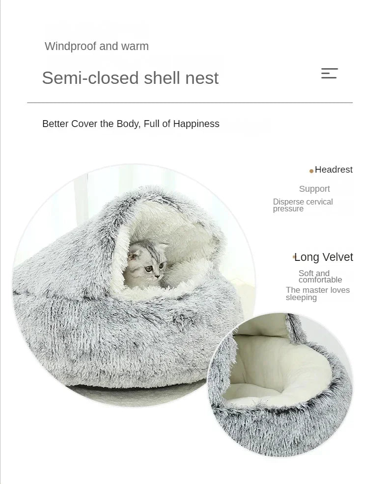 Round Plush Cat Bed Deep Sleep Bed for Cats Winter Warm Dog House Cushion Luxury Long Plush Kitten Puppy Sleeping Sofa Nest