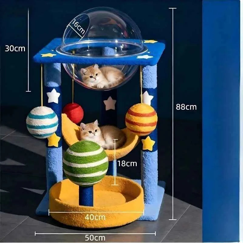 Space Capsule Cat Tree Tower, Natural Sisal Scratching Post, Multi-Level Climbing Stand for Indoor Cats