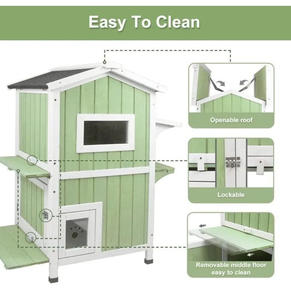 Weatherproof Two-Story Wooden Outdoor Feral Cat House with Openable Roof and Escape Door