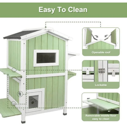 Weatherproof Two-Story Wooden Outdoor Feral Cat House with Openable Roof and Escape Door