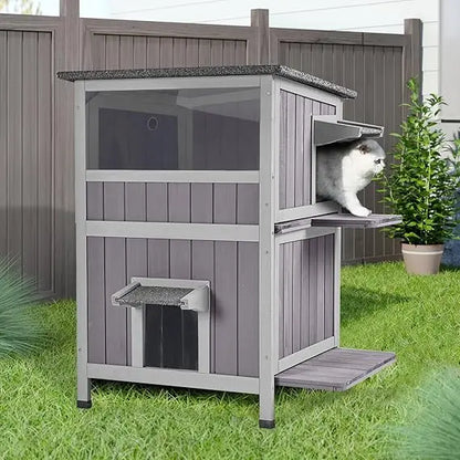 Waterproof Outdoor Cat Shelter - 2-Story Feral Kitty House for Winter, Suitable for Indoor and Outdoor Use