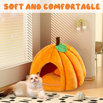 Halloween Theme Pumpkin Shape Autumn And Winter Comfy Cat And Dog Semi-enclosed Pet Bed Warm And Thick Cat And Dog House