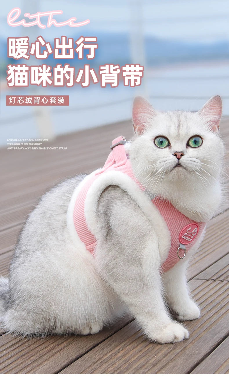 Winter Cat Dog Harness and Leash Comfortable Plush Pet Vest Harness for Small Dogs Cats Outdoor Walking Lead Chihuahua Collar