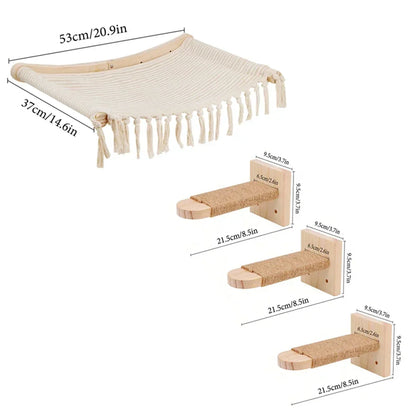 Wall-Mounted Cat Hammock Cat Climbing Stairs Solid Wood Cat Tree Tower Scratcher Rope Ladder Kitten House Indoor Cat Playground