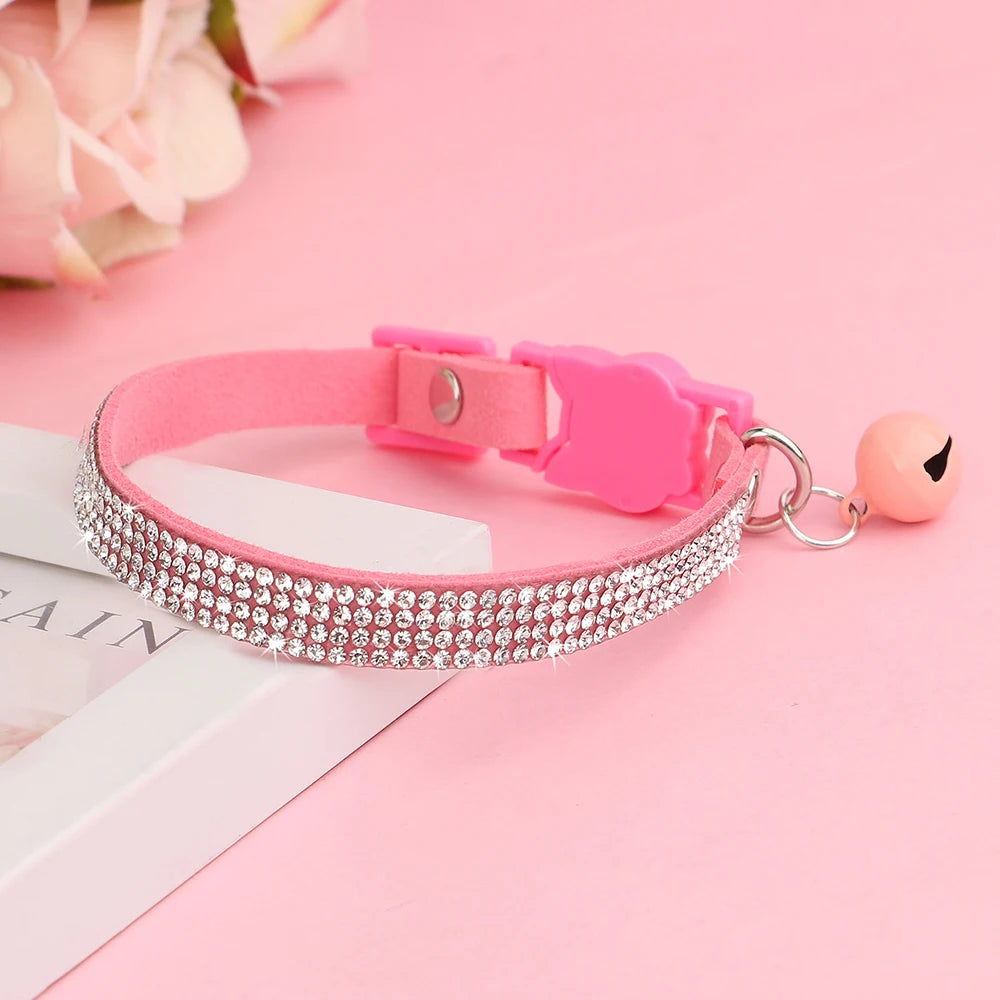 Soft Pink Suede Leather Cat Collar - Bling Rhinestone Design with Bell, Safety Breakaway & Adjustable XS/S for Cats & Puppies