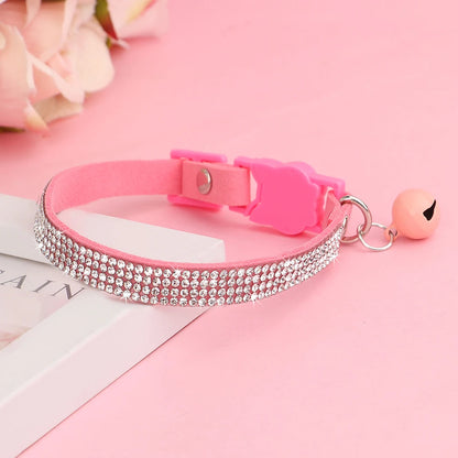 Soft Pink Suede Leather Cat Collar - Bling Rhinestone Design with Bell, Safety Breakaway & Adjustable XS/S for Cats & Puppies