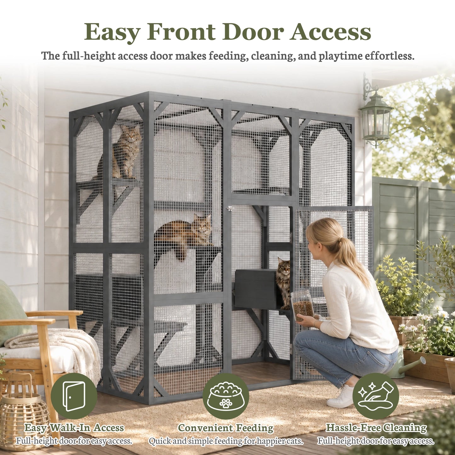 Large Wooden Catio Outdoor Cat Enclosure  Walk-in Cat House with Platforms & Rest Box   Weatherproof Cat Cage for Multiple Cats