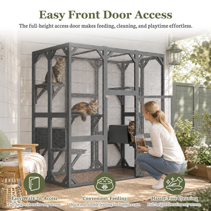 Large Wooden Catio Outdoor Cat Enclosure  Walk-in Cat House with Platforms & Rest Box   Weatherproof Cat Cage for Multiple Cats