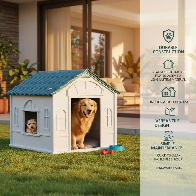 Plastic Weather-Resistant Dog House, for Indoors and Outdoors, Medium Dogs - White and Blue
