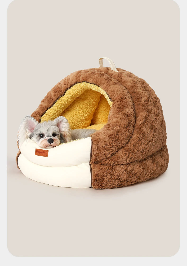 HOOPET Winter Dog Bed with Roof, Semi-Enclosed Warm House & Soft Pad, Plush Security Feeling Comfort Pet Nest for Small Dogs