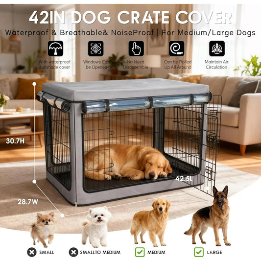 Dog Crate Cover (Cover Only) - Heavy-Duty Waterproof Design | Universal Fit for 42-Inch Metal Mesh Dog Crates
