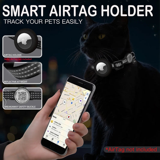 Reflective AirTag Cat Collar – Breakaway Safety Collar with QR Tag & Air Tag Holder - Pet Suppie