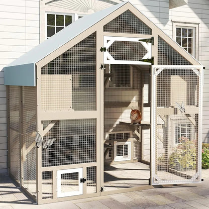 71" H Catio Outdoor Cat Enclosure Weatherproof, Large Walk-in Cat House Attached Window for Multiple Cats, Waterproof Cat Cage