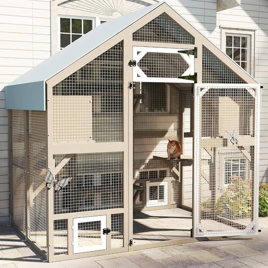 71" H Catio Outdoor Cat Enclosure Weatherproof, Large Walk-in Cat House Attached Window for Multiple Cats, Waterproof Cat Cage
