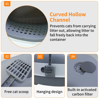 Large Cat Litter Box Enclosed with Scoop Odorless Hooded Litter Tray Deep Cat Toilet Pan Easy Clean Non-Stick