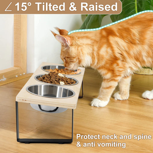 Elevated Cat Bowls Feeder 15° Tilted Raised Feeding & Watering Supplies Pet 3 Stainless Steel Bowls with Stand for Cats Puppies - Pet Suppie