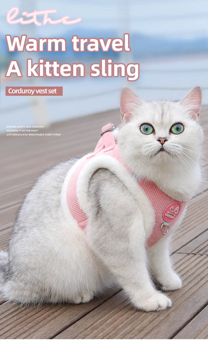 Cat Winter Small Dog Harness Leash Rabbit Plush Reflective Pet Harness Vest-Style Puppy Outdoor Dog Lead Walking Cat Windproof