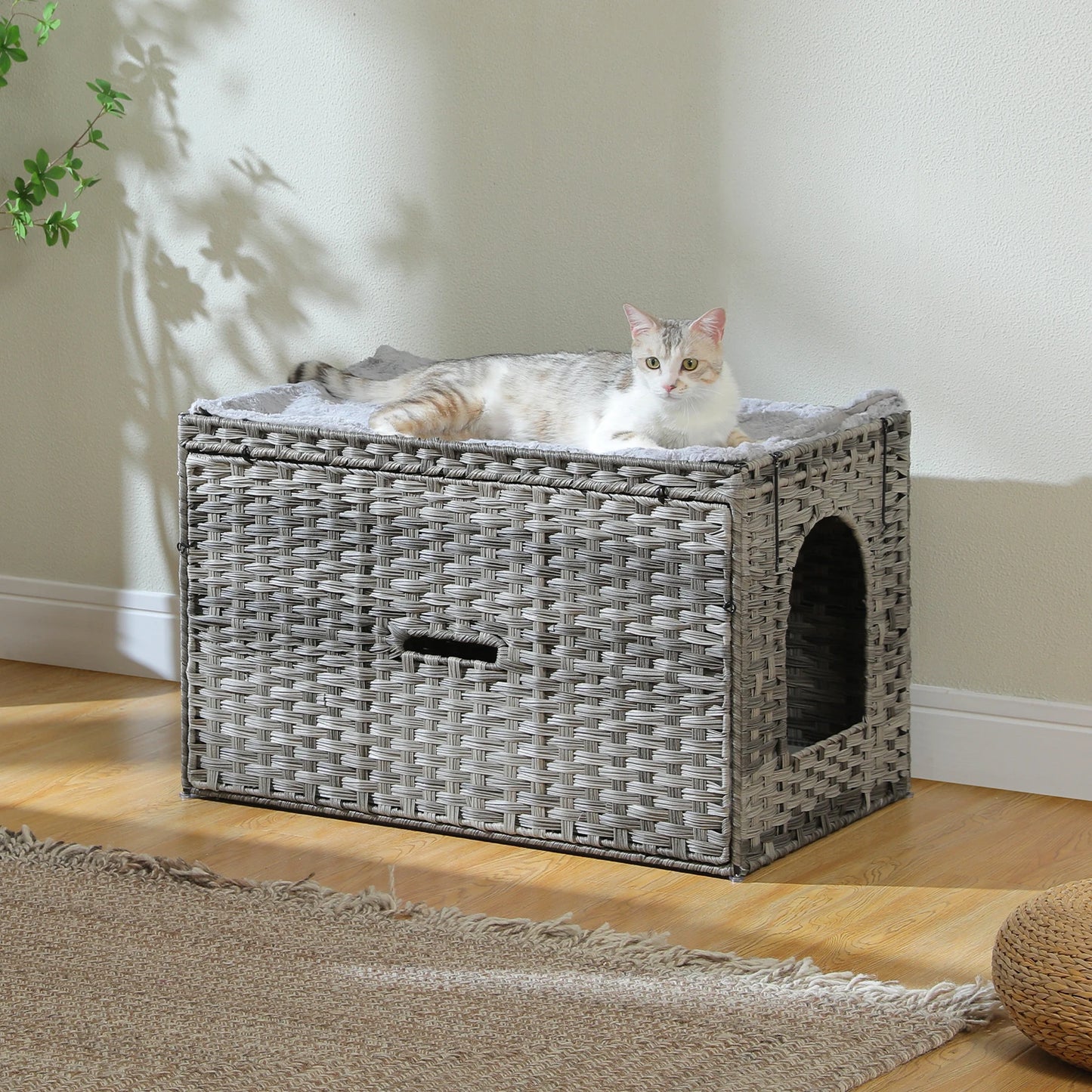 Rattan Cat Litter Box Enclosure Furniture with Door, Handwoven Rattan Hidden Litter Box Living Room Odor Control, Cat House Bed