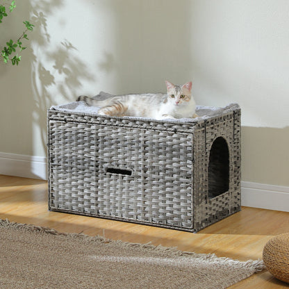 Rattan Cat Litter Box Enclosure Furniture with Door, Handwoven Rattan Hidden Litter Box Living Room Odor Control, Cat House Bed