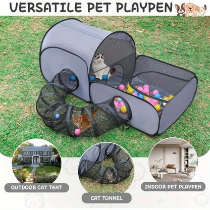 Foldable Cat Tent with Tunnel, Breathable Polyester Cat Cage Indoor Outdoor Playpen for Cats & Small Dogs