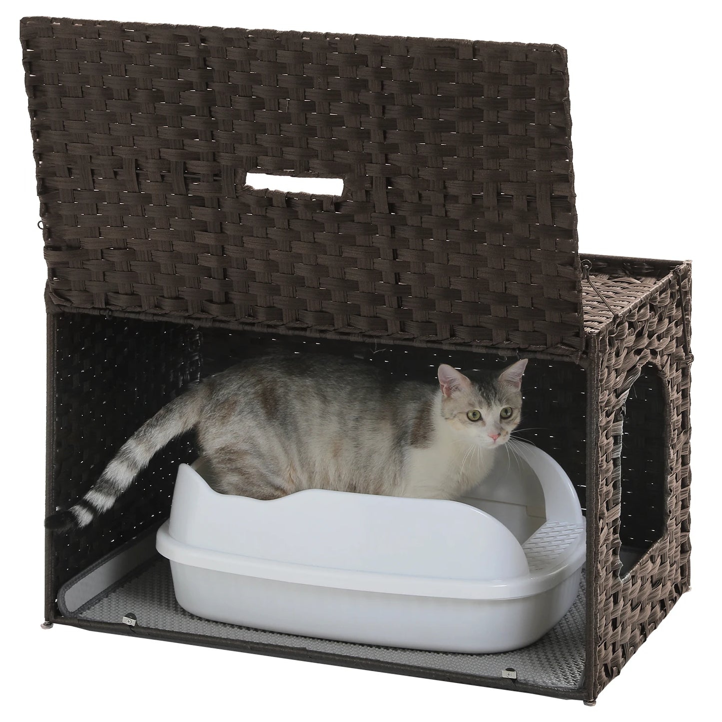 Rattan Cat Litter Box Enclosure Furniture with Door, Handwoven Rattan Hidden Litter Box Living Room Odor Control, Cat House Bed
