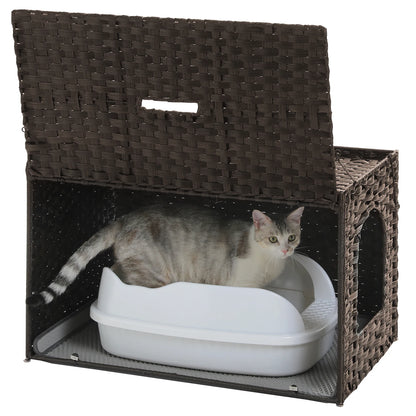 Rattan Cat Litter Box Enclosure Furniture with Door, Handwoven Rattan Hidden Litter Box Living Room Odor Control, Cat House Bed