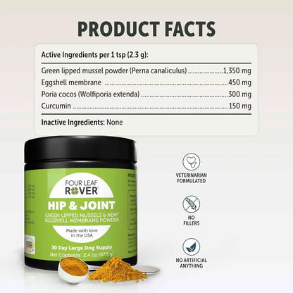 Hip & Joint - Joint Supplement for Dogs with Green Lipped Mussel, Eggshell Membrane and Curcumin - Veterinarian Formulated - 60