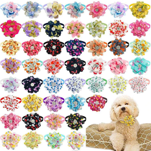 New 50PCS Flower Bowties For Dogs Fashion Dianomd Pet Dog Bow Tie Collar  Dog Pet Grooming Accessories For Small Dogs