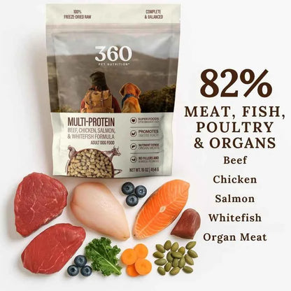 Freeze-Dried Raw Dog Food Multi-Protein with Beef Chicken Fish Liver and Organs High Protein Omega-3s Fruits Veggies and Superf