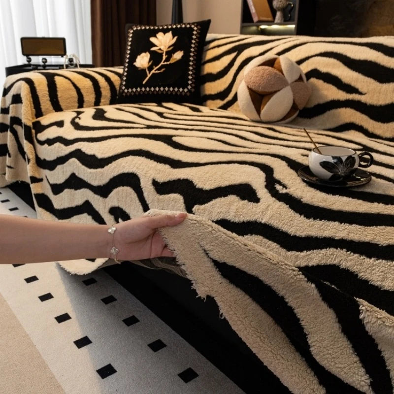 1PC Zebra Stripes Jacquard Fleece Warm Sofa Towel Thicken Blanket for Living Room Couch Decor
