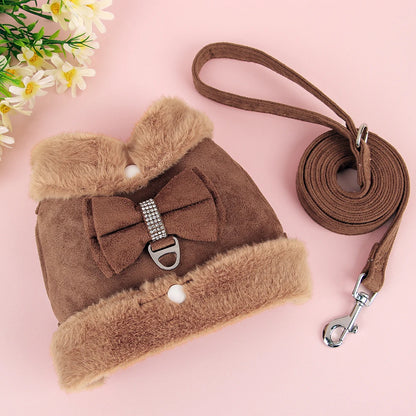 Warm Fur Dog Harness and Leash Set Rhinestone Bowknot Pet Vest Winter Pets Puppy Clothes Vest Small Dog Clothing French Bulldog