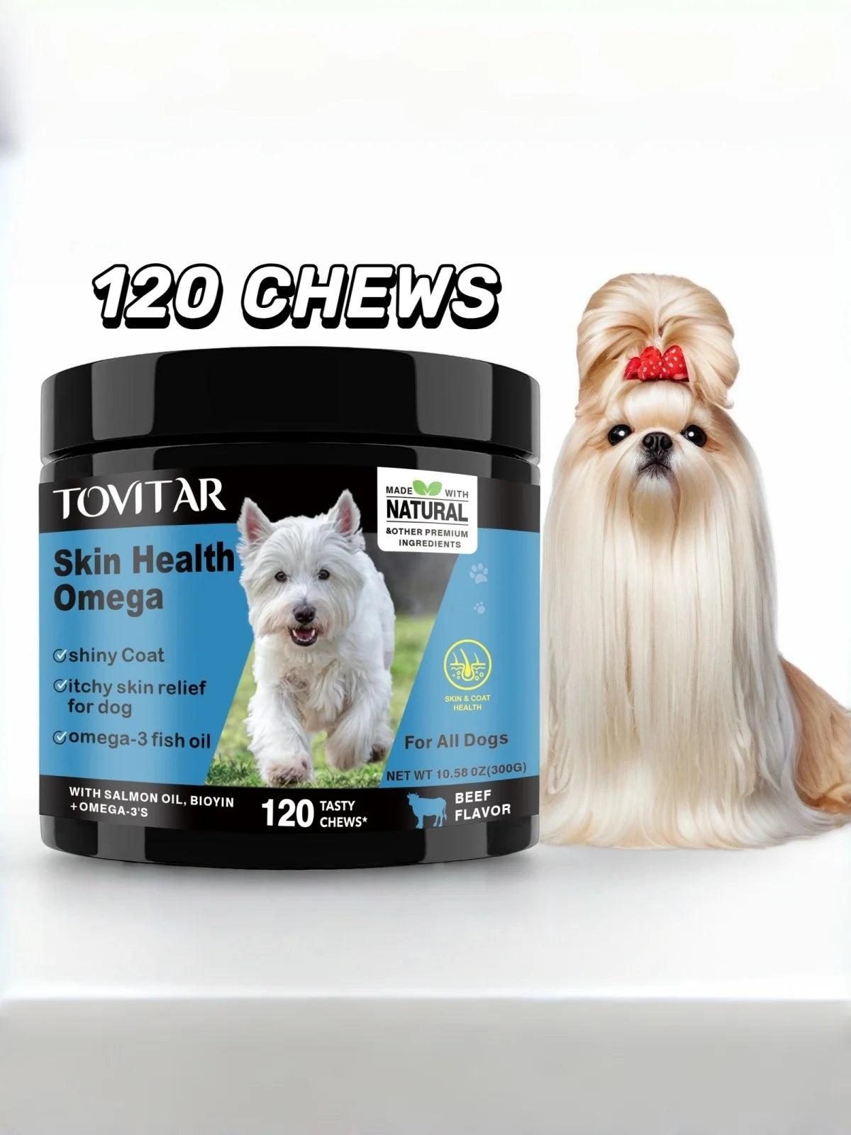 Dog Skin Care Health Omega Chewable Tablets -A dog Omega supplement rich in Omega 3/6/9, fish oil, and DHA-120 Beef Chewable