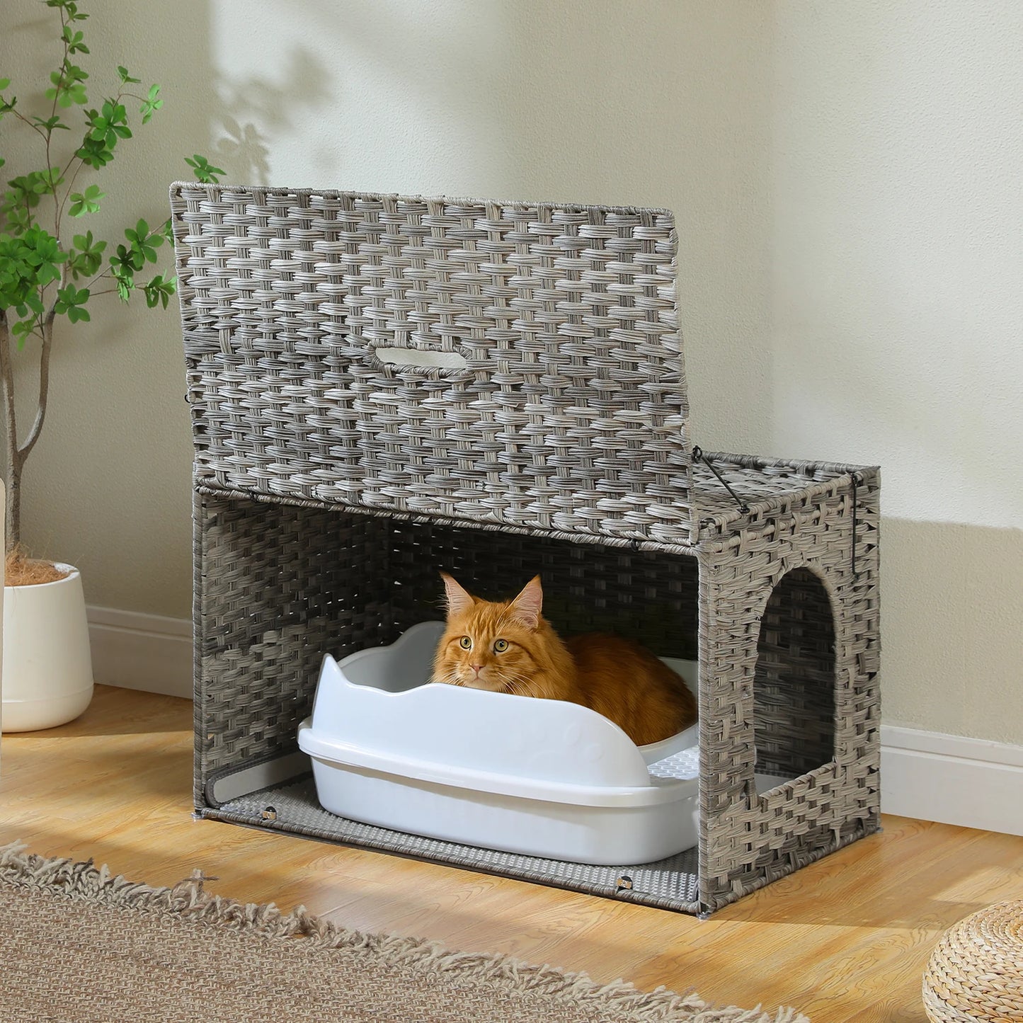 Rattan Cat Litter Box Enclosure Furniture with Door, Handwoven Rattan Hidden Litter Box Living Room Odor Control, Cat House Bed
