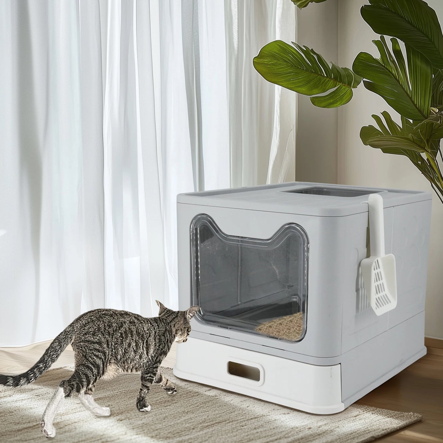 Bingopaw Stainless Steel Cat Litter Box with Lid Front Entry and Top Exit Toilet Box with Litter Scoop for Kittens,Easy Cleaning