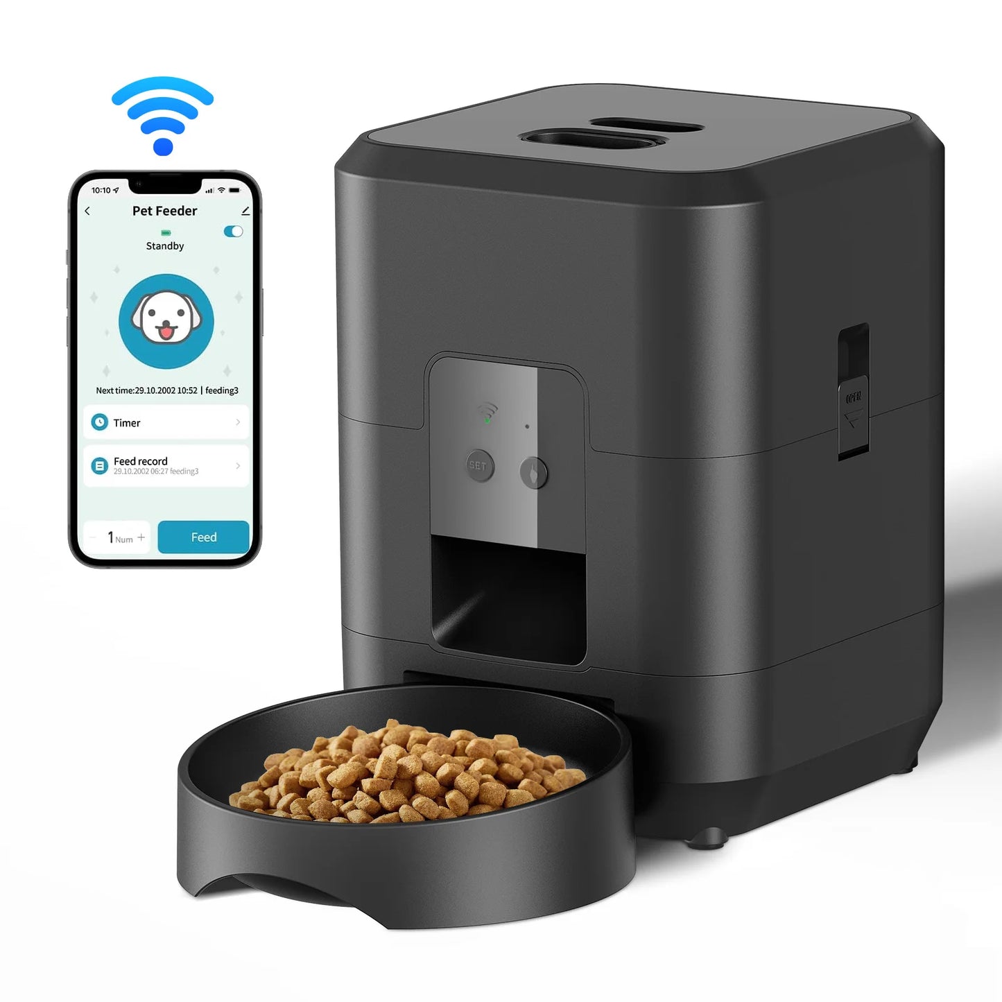 Pet feeding machine, APP controlled automatic cat feeder, cat dry food dispenser, suitable for small and medium-sized pet feeder