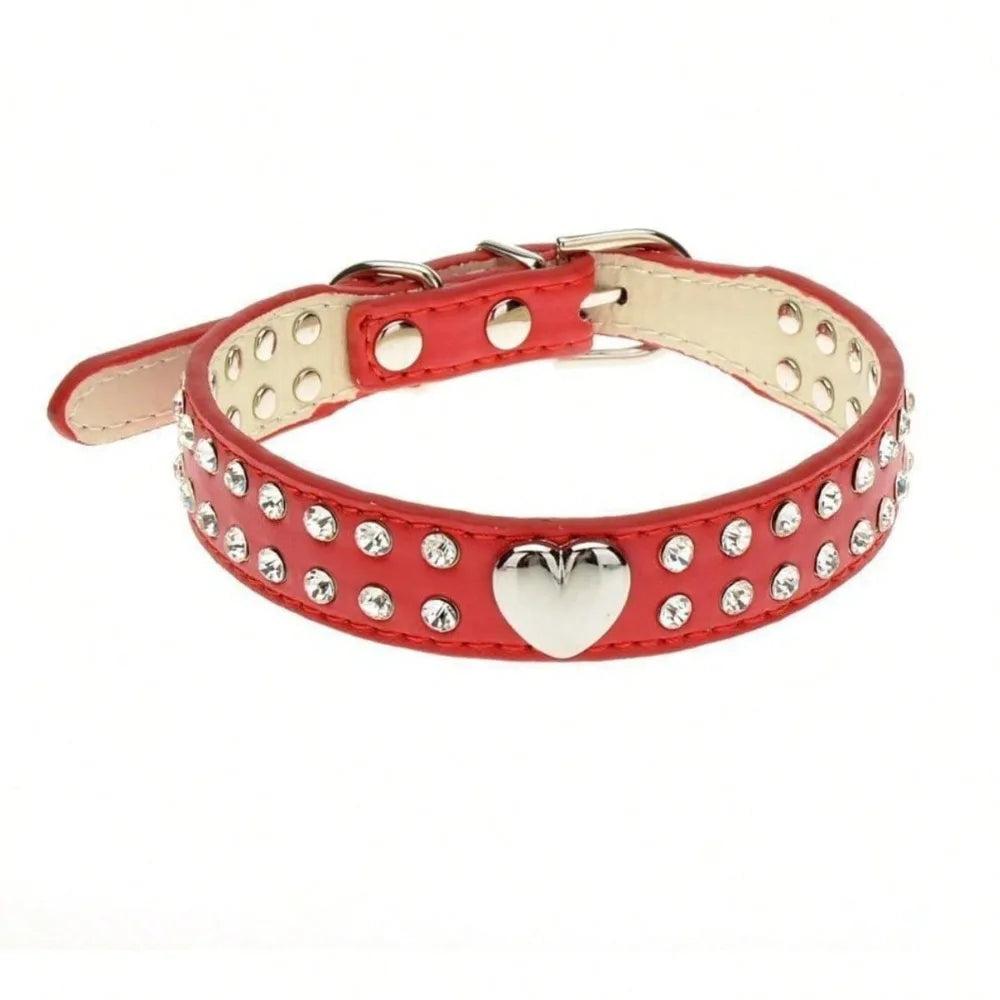 Cute Two Rows Rhinestone Dog Collar Heart Bling Puppy Collar Fancy Crystal Glitter Pretty Jewel Diamond Girl Dog Collars For Small Medium Pet Female Dogs Cats