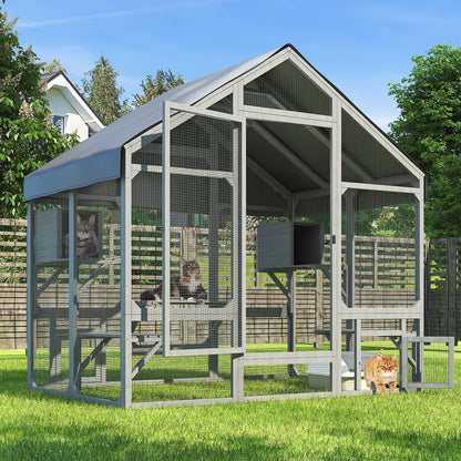 71"Catio Outdoor Cat Enclosure for Multiple Cats Large Wooden Walk in Cats House Outside Weatherproof Roof