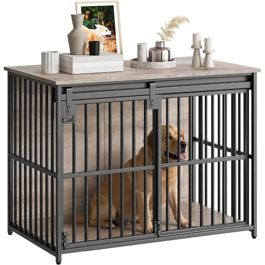 Dog Crate Furniture, 36.6" Heavy Duty Dog Kennel with Sliding Barn Door, Wooden Dog Cage Indoor, Decorative Side End Table for