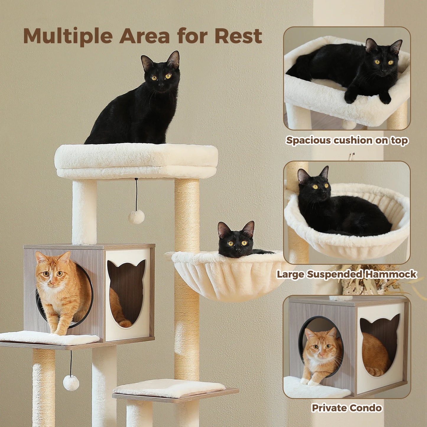 Wood Cat Tree with Storage Cabinet Sisal Scratching Posts Cozy Condo Hammock Dangling Balls Large Cat Tower for Indoor Pet Furniture Cat Toys