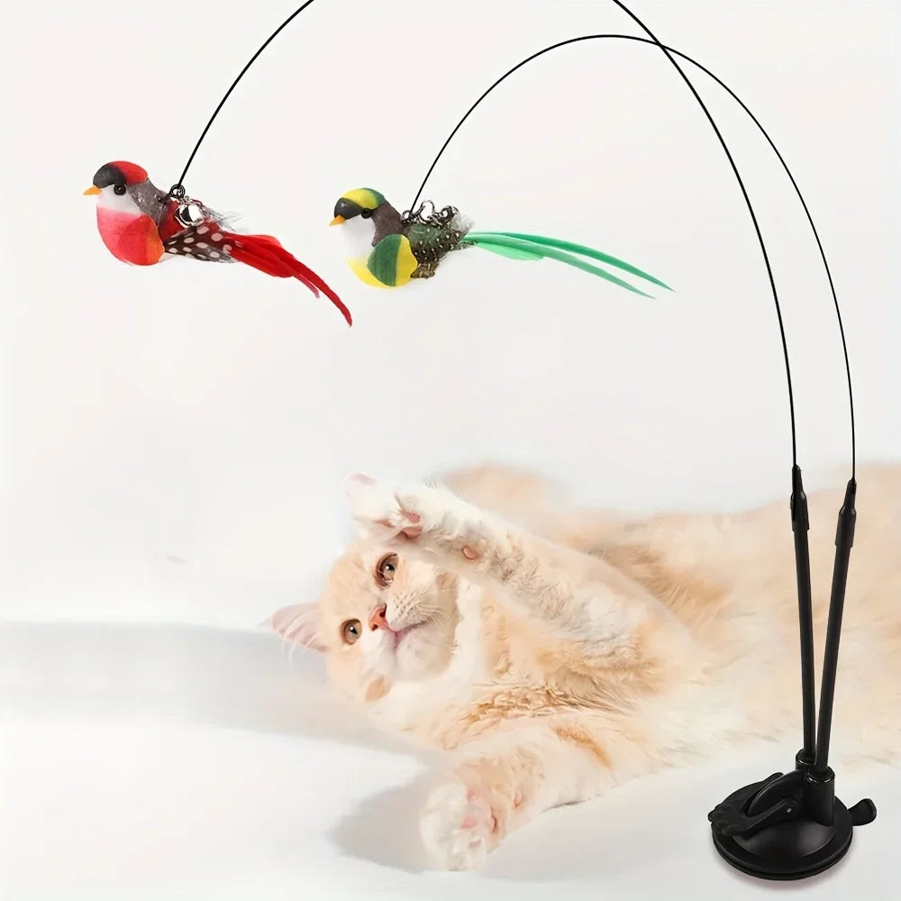 Interactive Cat Wand - Anti-Slip Suction Base & Double-Lock Grip Design No Battery Pet Toy for Indoor/Outdoor Hunting Training