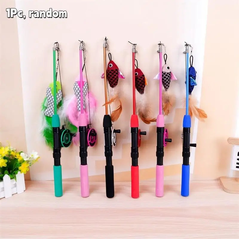 1Pc Telescopic Cat Fishing Rod Toy with Fish & Feathers, Interactive Funny Teaser Wand for Kitten Play