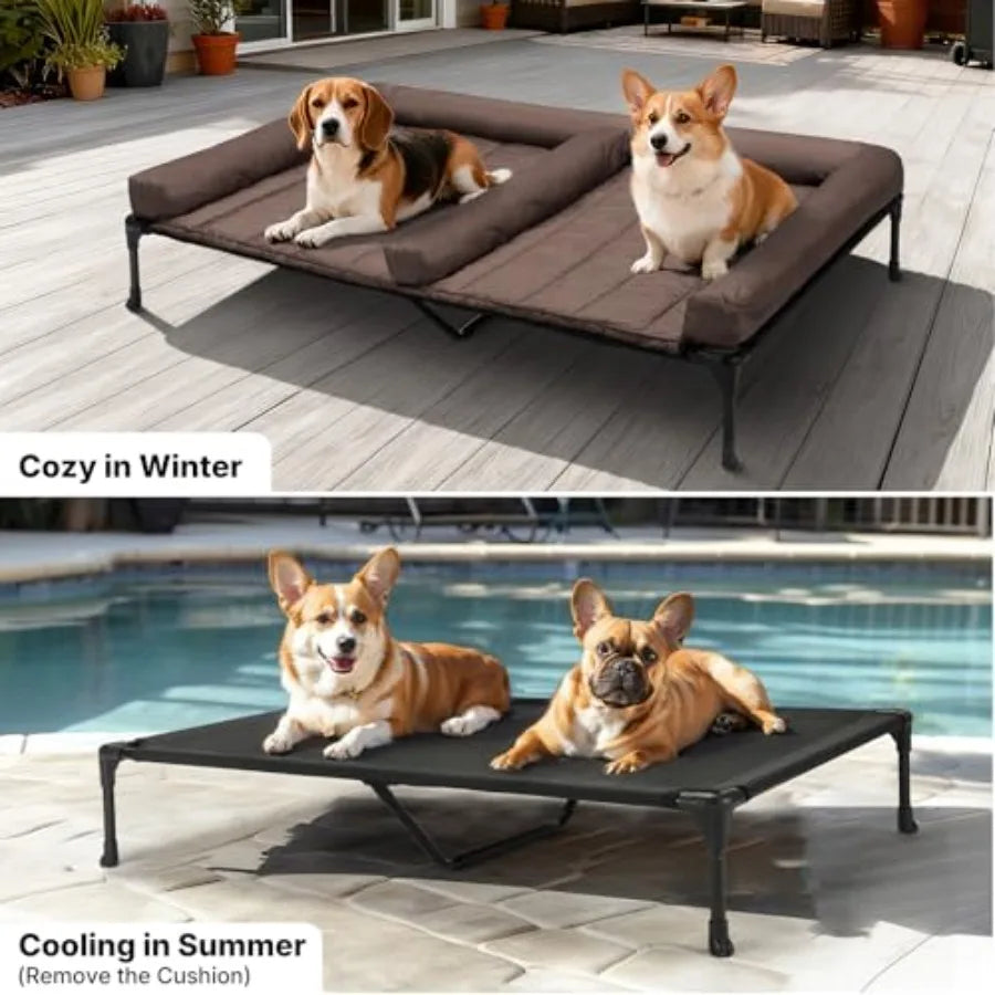 Cooling Raised Dog Beds + Waterproof Double Dog Bed Cushion for Two Medium Dogs Elevated Pet Cot with Removable Bolster Mat Bre