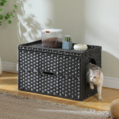Rattan Cat Litter Box Enclosure Furniture with Door, Handwoven Rattan Hidden Litter Box Living Room Odor Control, Cat House Bed