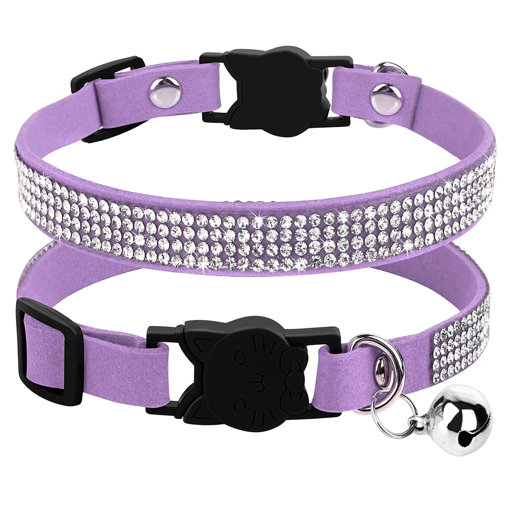 Soft Pink Suede Leather Cat Collar - Bling Rhinestone Design with Bell, Safety Breakaway & Adjustable XS/S for Cats & Puppies