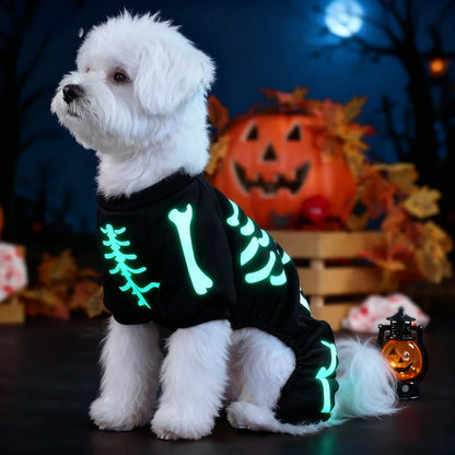 New Adjustable Glow-in-the-Dark Skull Bone Halloween Full Body Jumpsuit for Small Dogs Scary & Funny Trick-or-Treat Pet Outfit