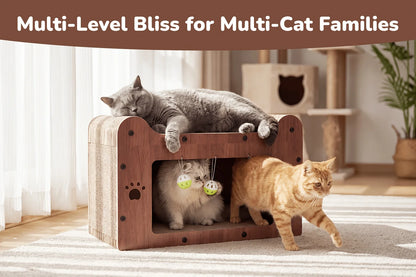 Walnut Cat Scratching House, Durable Cardboard Scratcher & House for Indoor Cats, Multi-Functional Hideout for Scratching, Playing & Resting, Easy to Assemble.