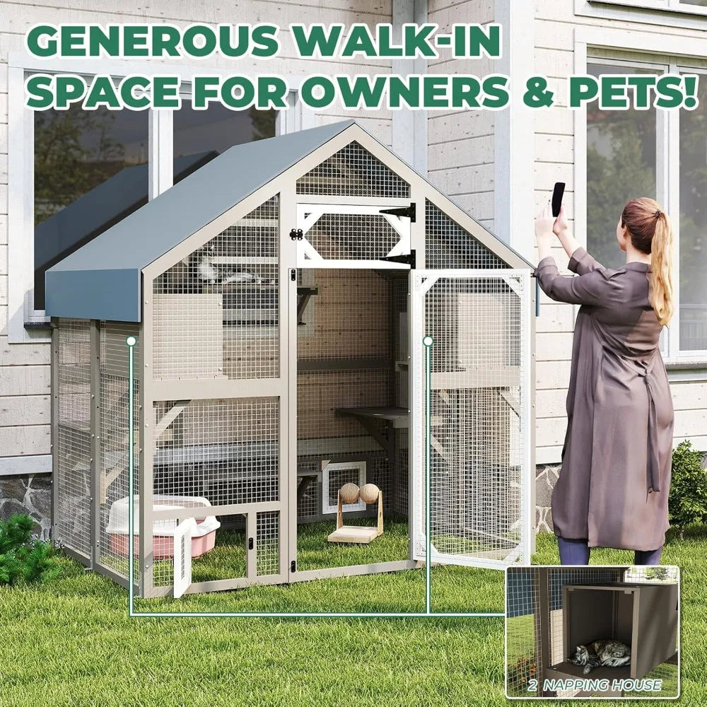 71" H Catio Outdoor Cat Enclosure Weatherproof, Large Walk-in Cat House Attached Window for Multiple Cats, Waterproof Cat Cage