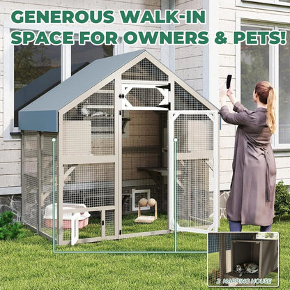 71" H Catio Outdoor Cat Enclosure Weatherproof, Large Walk-in Cat House Attached Window for Multiple Cats, Waterproof Cat Cage